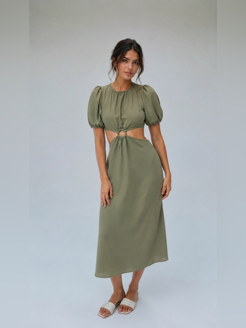 Zara Sage Green Cutout Ring Detail Midi Dress XS